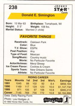 1992 Jockey Star #238 Don Simington Back